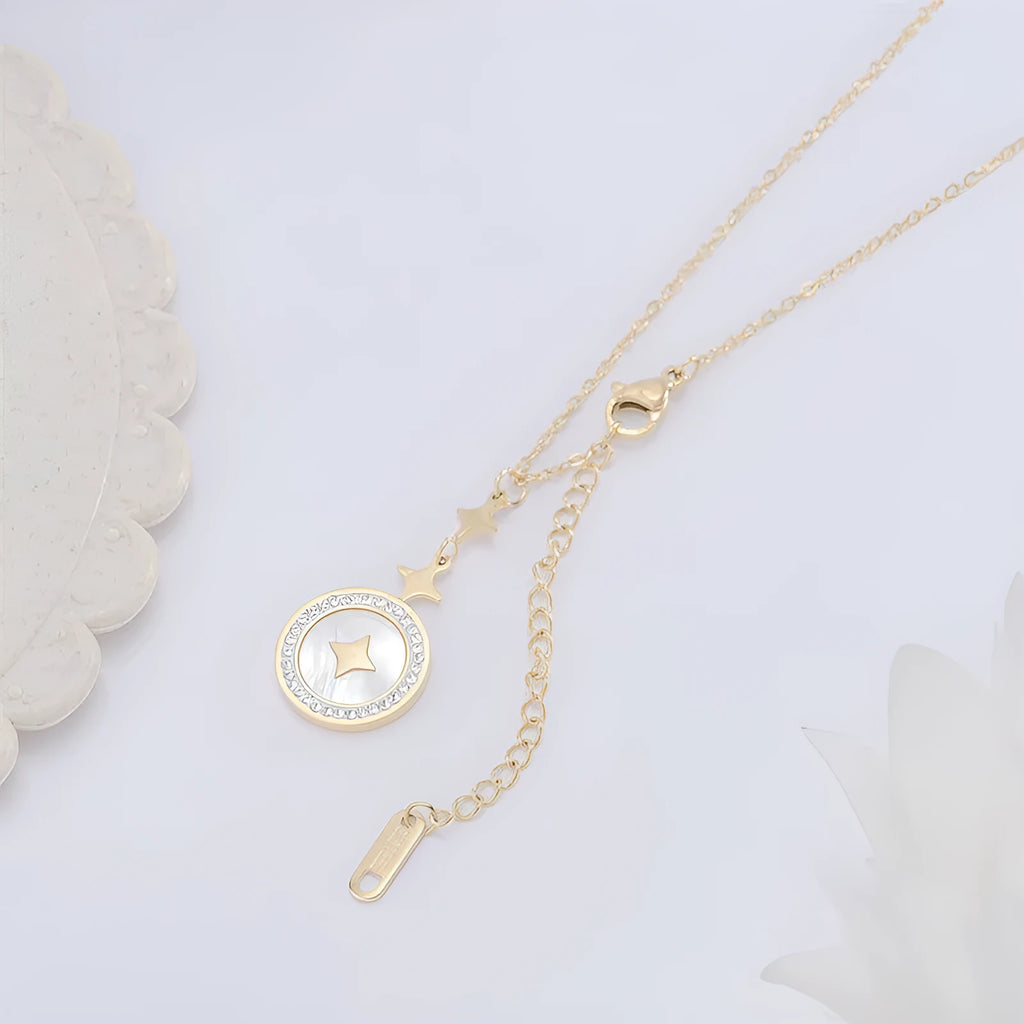 Gold titanium steel hexagonal star necklace for women with O-ring chain and adjustable length