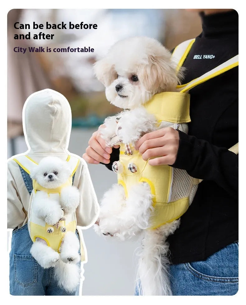 Cartoon animal pet chest bag in soft canvas with ribbon trim, available in four sizes and colour patterns