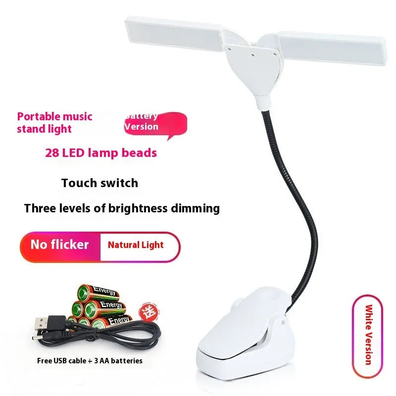 Black rechargeable music stand lamp with 28 LEDs attached to a metal music stand.