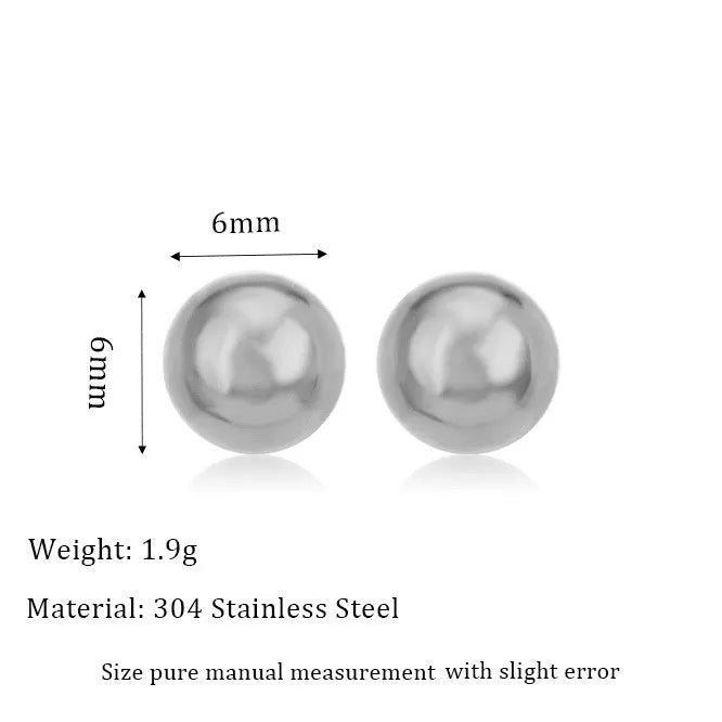 Stainless steel ball stud earrings showing 3mm, 4mm, 5mm, and 6mm sizes with gold and silver finishes