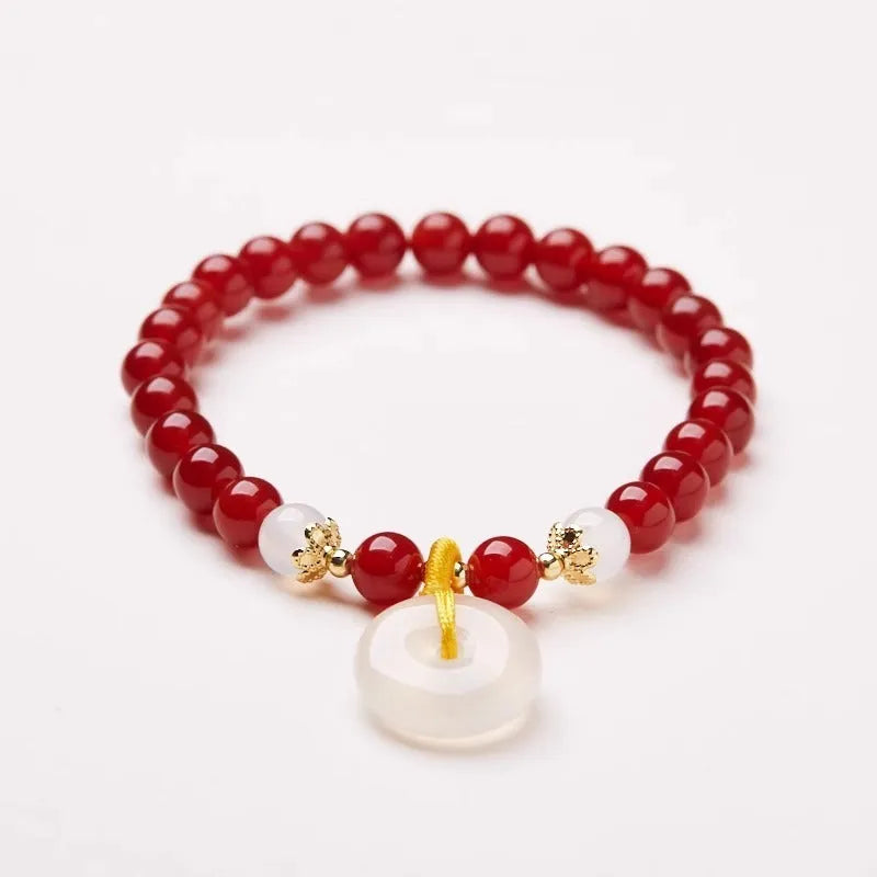 Handmade natural jade peace buckle bracelet with 6mm emerald and red agate beads