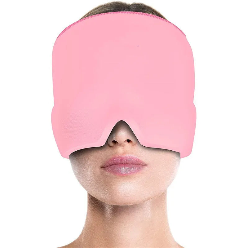 Black adjustable cold compress gel eye mask for headache relief on a plain background.