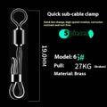 Brass quick-change barrel swivel bearing fishing tackle with line clamp.