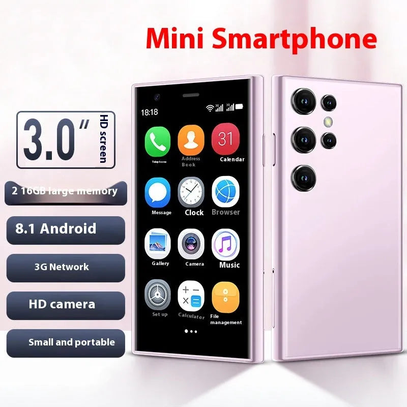 Mini smartphone with 30 screen in black, green or pink purple colours showing straight plate design