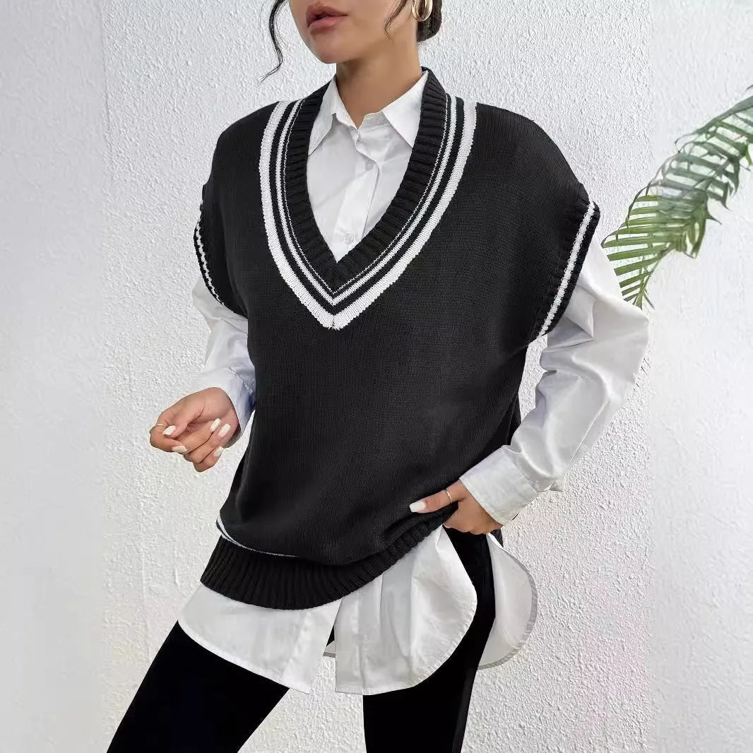 Women's loose college-style acrylic vest sweater in blue, coffee or black colours