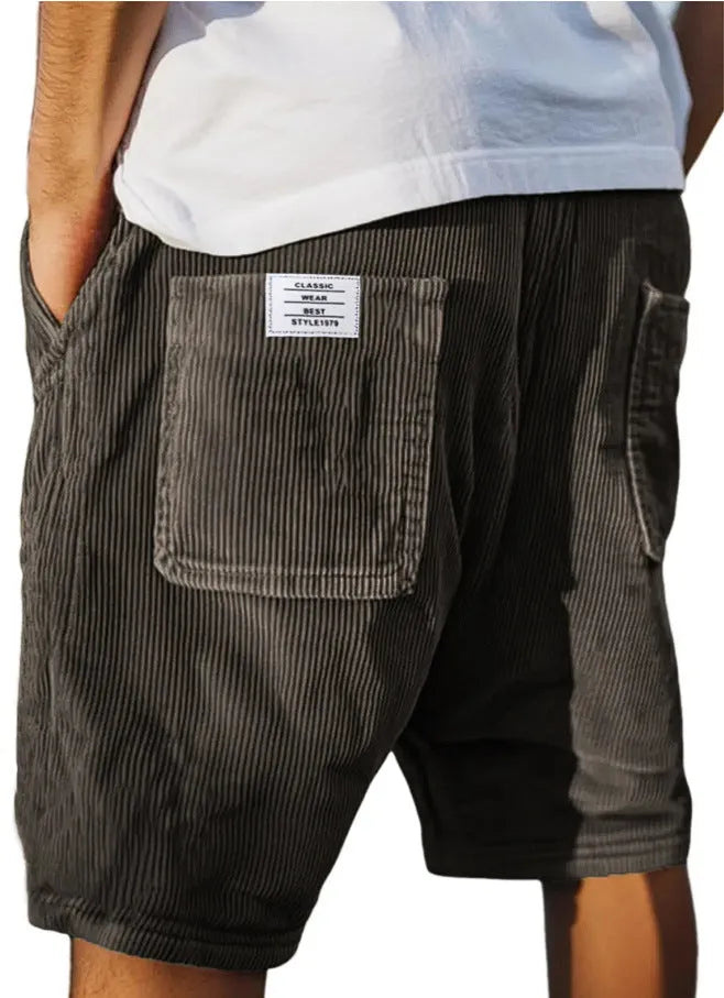 Men's straight-leg corduroy shorts with multi-pockets and embroidery detail in various colours