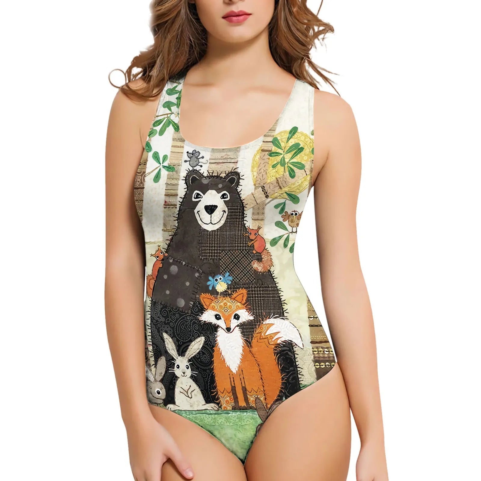 Women's sleeveless one-piece swimsuit with a 3D printed sunflower pattern on blue fabric.