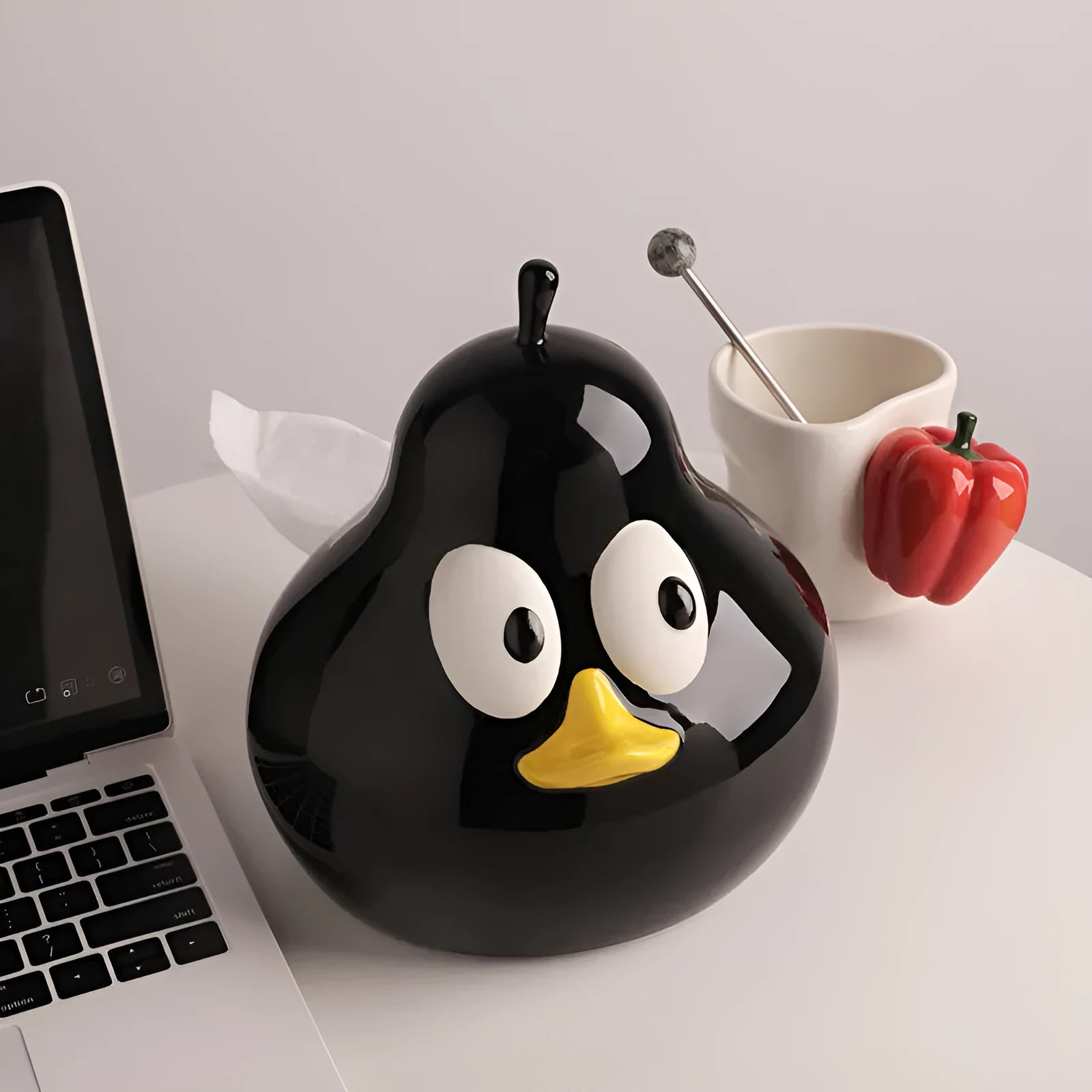 White porcelain ceramic pear-shaped tissue box with cute animal design in green or black colour