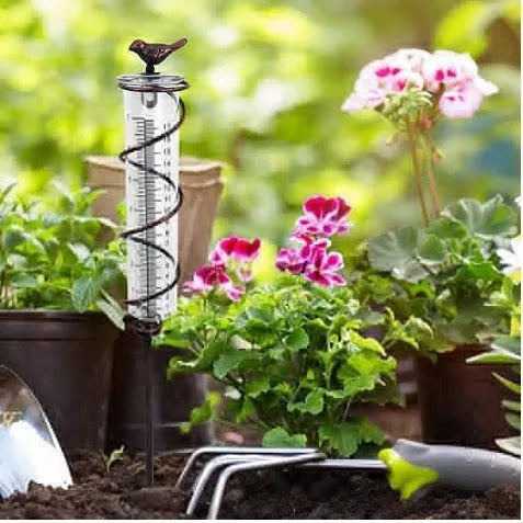 Traditional cast iron bird-shaped hyetometer with glass measurement cylinder showing 800ml capacity