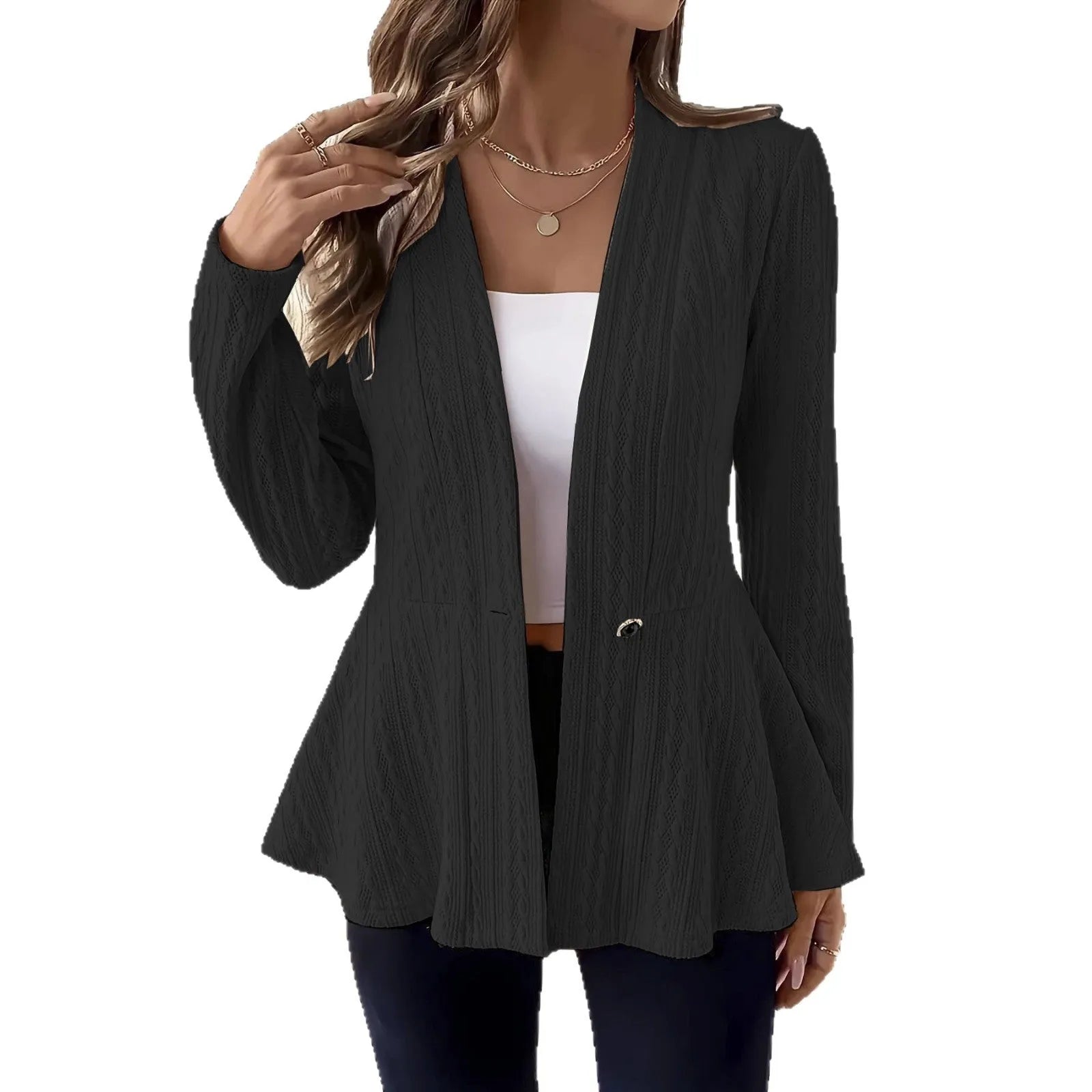 Women's apricot jacquard knitted cardigan with one button closure and regular sleeves