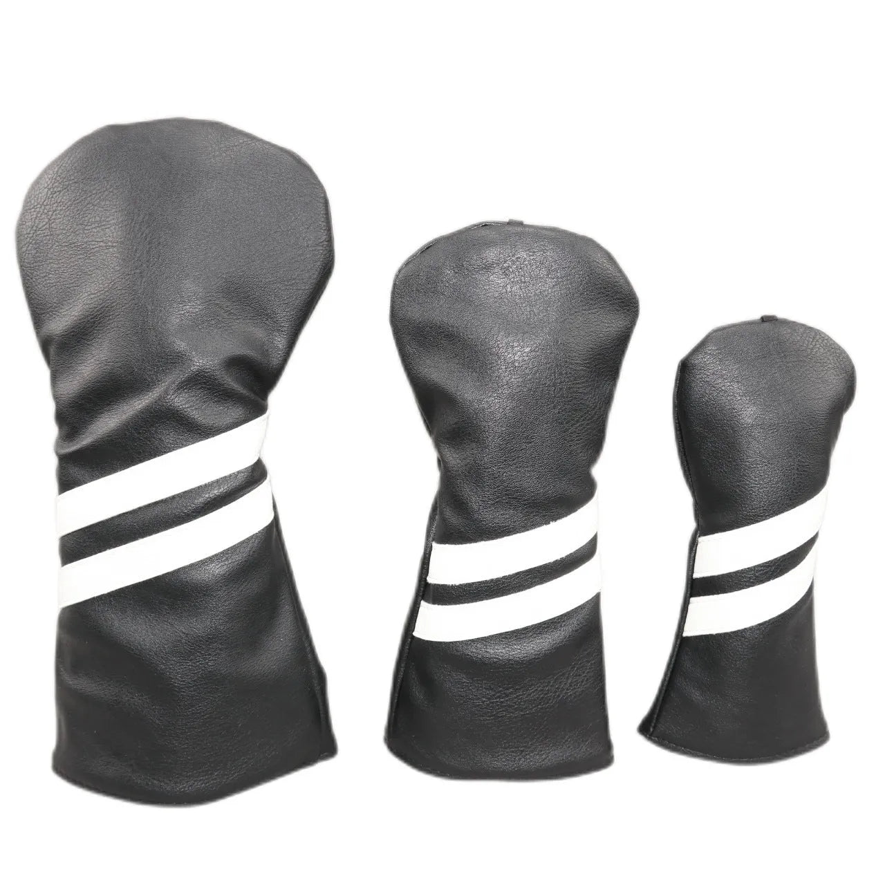 A striped golf club head cover for a driver, shown in black with white oblique stripes.