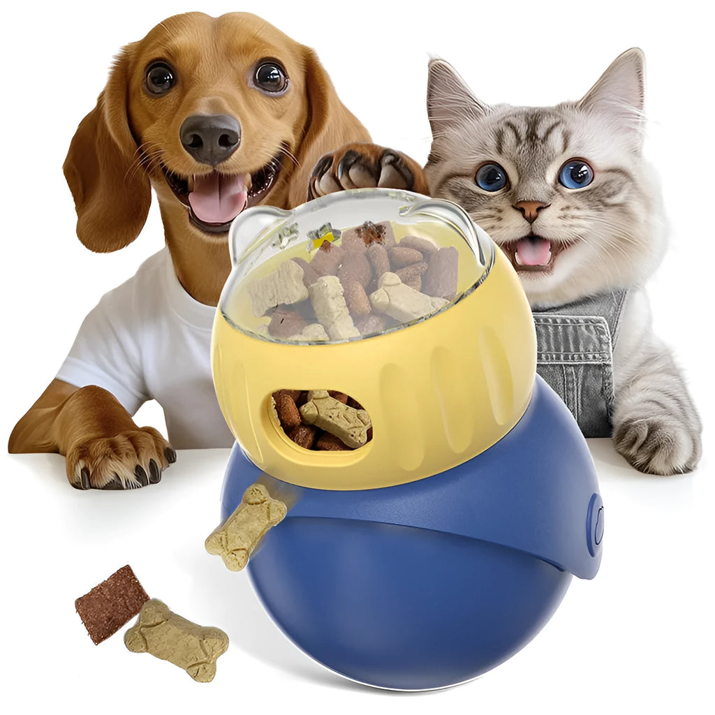 Owl-shaped plastic cat puzzle feeder in Morandi yellow and blue colours