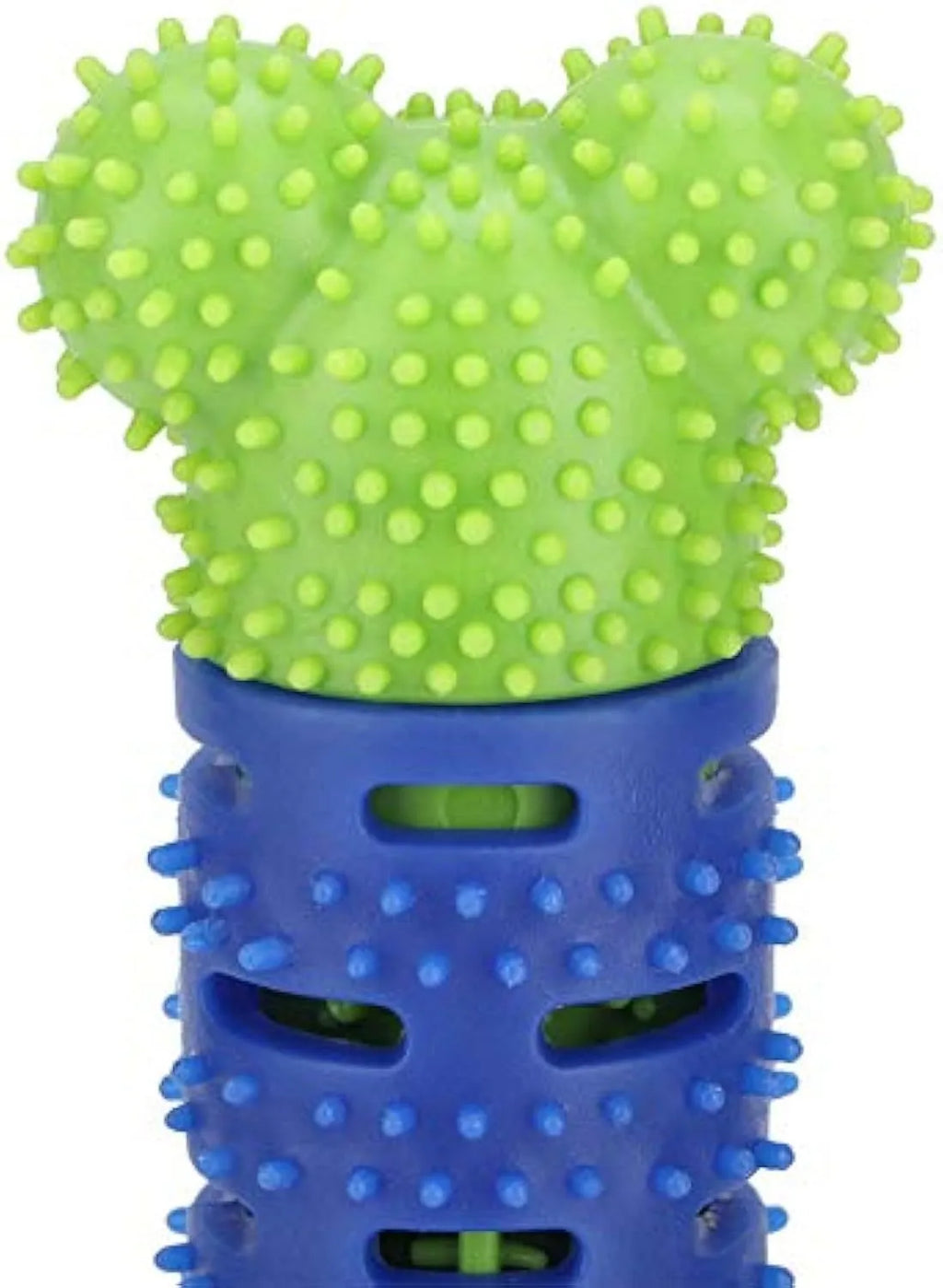 Blue green dog molar tooth cleaner with silicone brush head and massage nodules, 25cm long