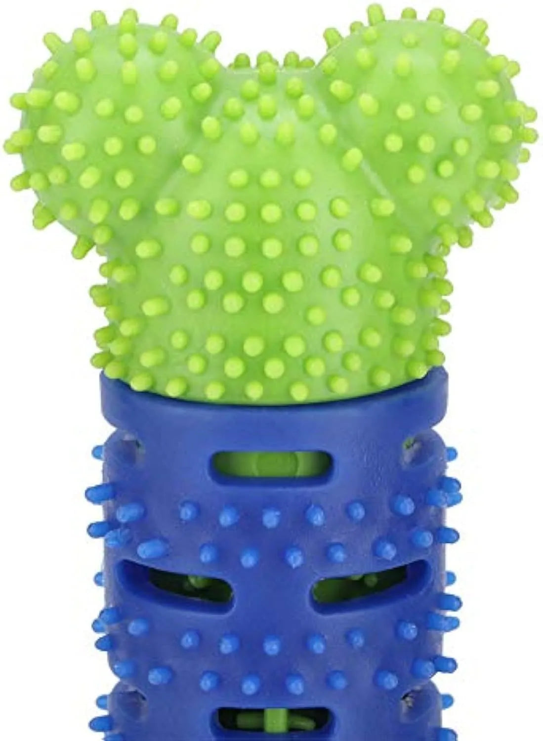 Blue green dog molar tooth cleaner with silicone brush head and massage nodules, 25cm long