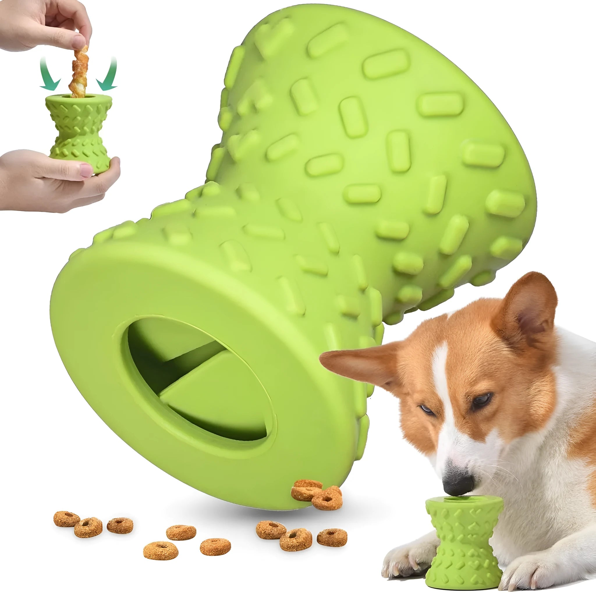 Blue natural rubber interactive treat dispensing dog toy for aggressive chewers with hollow centre.