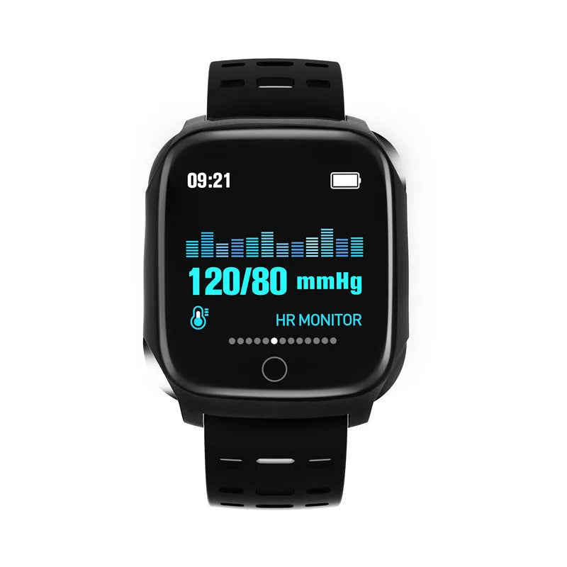 F16 Smart Watch with ECG monitor on wrist, showing black grey silicone strap and IPS screen displaying heart rate.