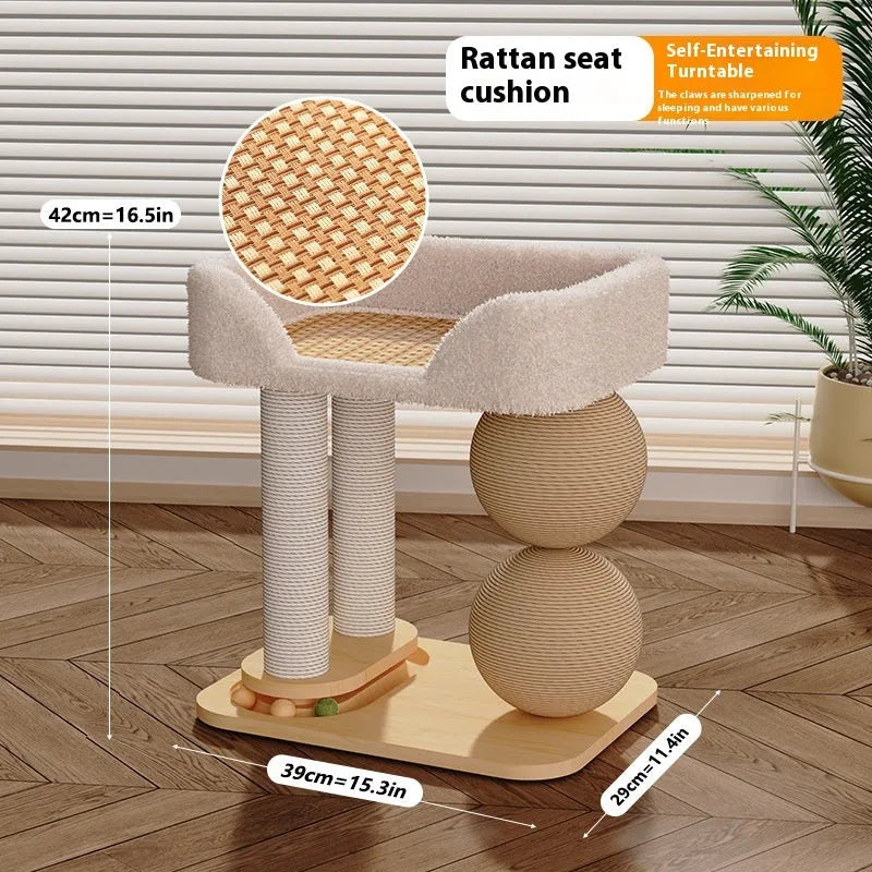 Pine wood cat nest with attached grasping balls in sisal and summer mat style options.