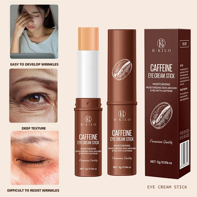 Caffeine eye cream stick in a white tube for hydrating skin and reducing fine lines and dark circles.