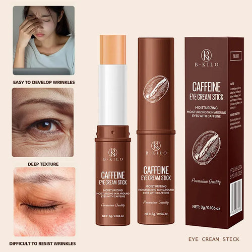 Caffeine eye cream stick in a white tube for hydrating skin and reducing fine lines and dark circles.