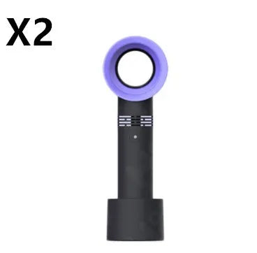 A portable bladeless desk fan with a modern design, shown on its base with a USB cable, available in multiple colours.