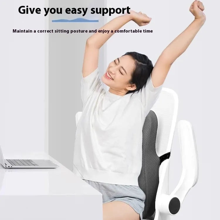 Grey lumbar support cushion for office chair, dimensions 40cm by 40cm by 8cm thick.