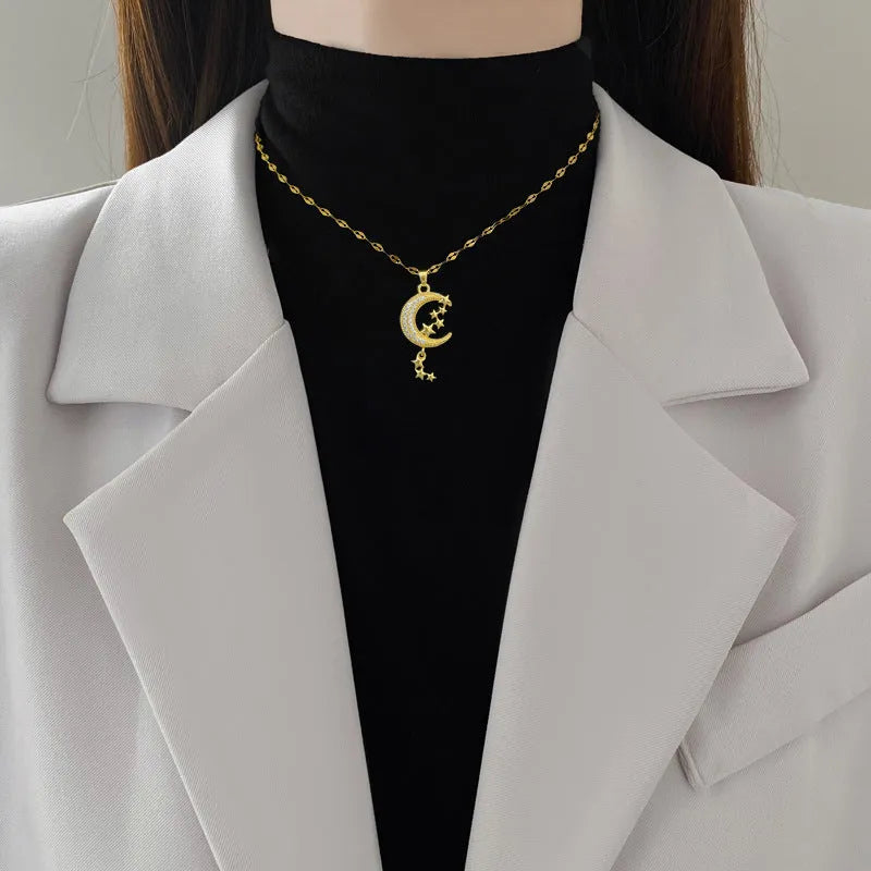 Geometric moon pendant diamond necklace with tassel chain in stainless steel and copper