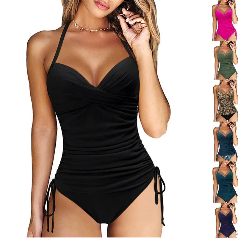 Women's high waist slim fit nylon bikini set in leopard print for swimming