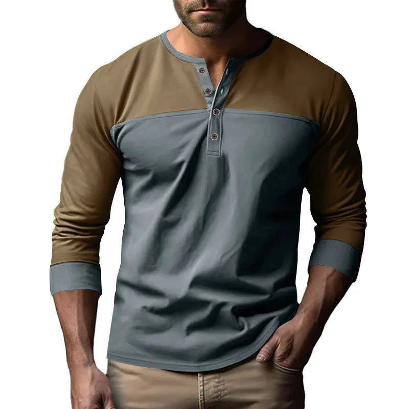 Men's long-sleeve Henley collar casual shirt in beaded twill polyester fabric