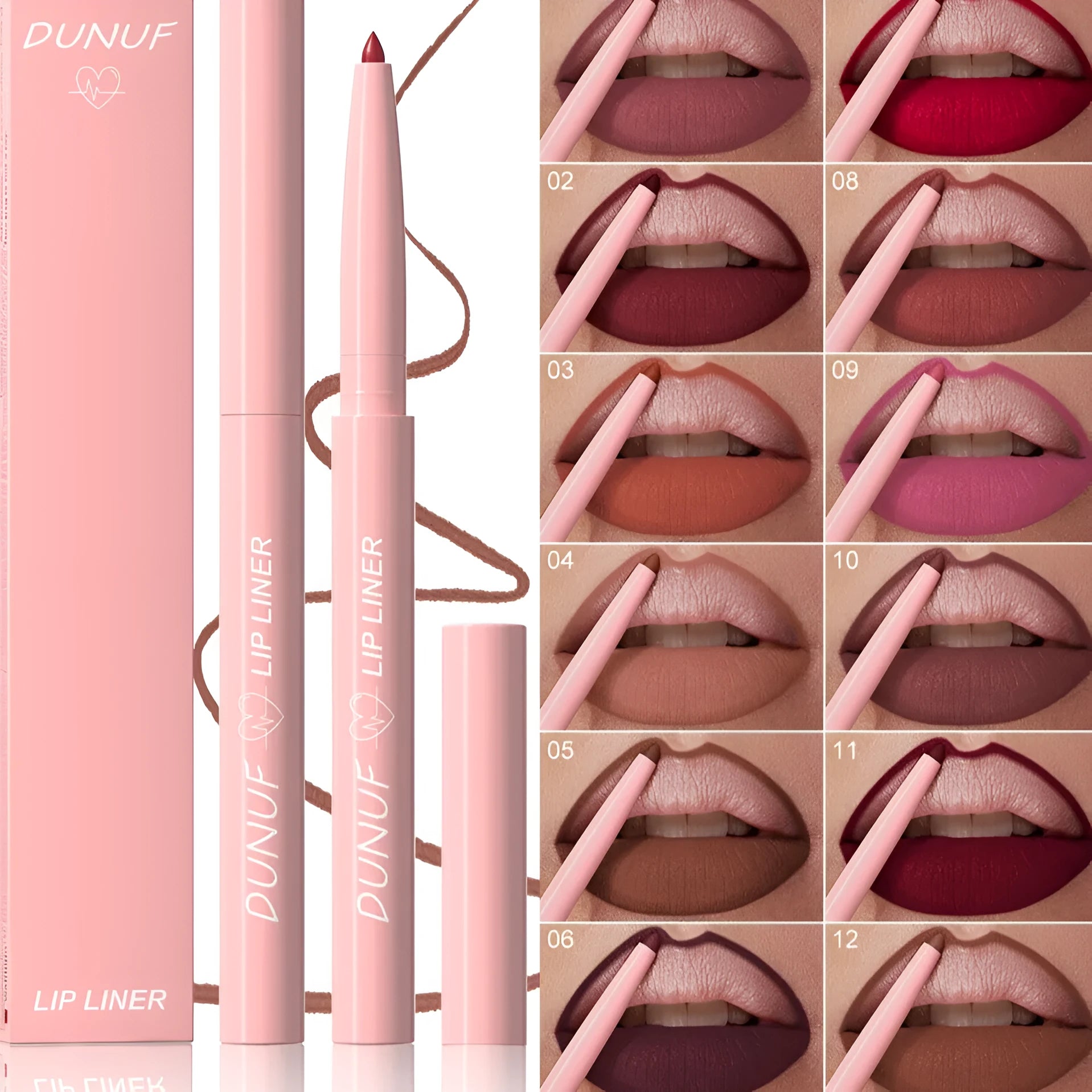 12 Colour Velvet Matte Lip Liner pencil showing range of nude, berry and brown shades.
