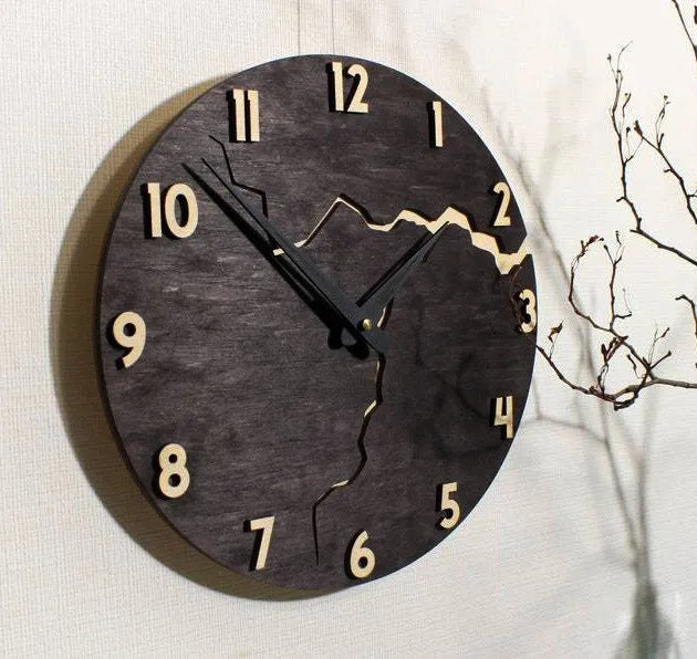 Modern wooden wall clock with creative crack design showing silent sweep movement and 30cm diameter