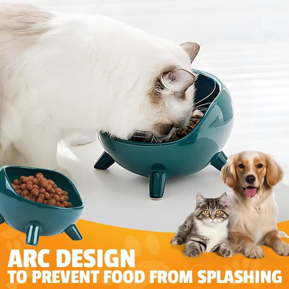 Green ceramic cat food bowl with four legs and rounded arc design on wooden floor