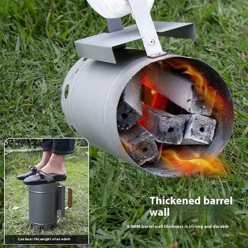 Outdoor barbecue charcoal fire igniter with zinc-iron alloy construction and carbon bucket style housing.