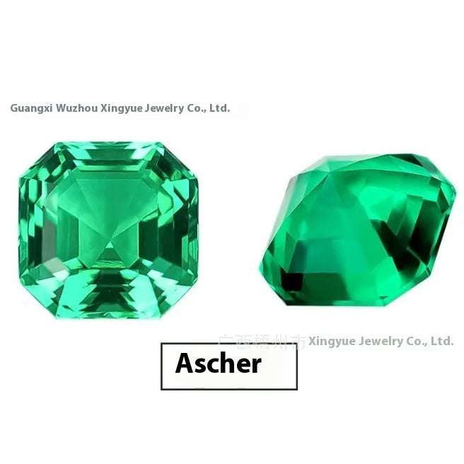Synthetic emerald gemstone beads in Columbia green treasure colour showing round and rectangular cut options