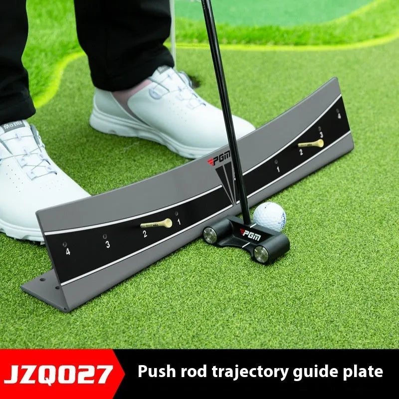 Golf putter trajectory balance simulator with adjustable push rod mechanism