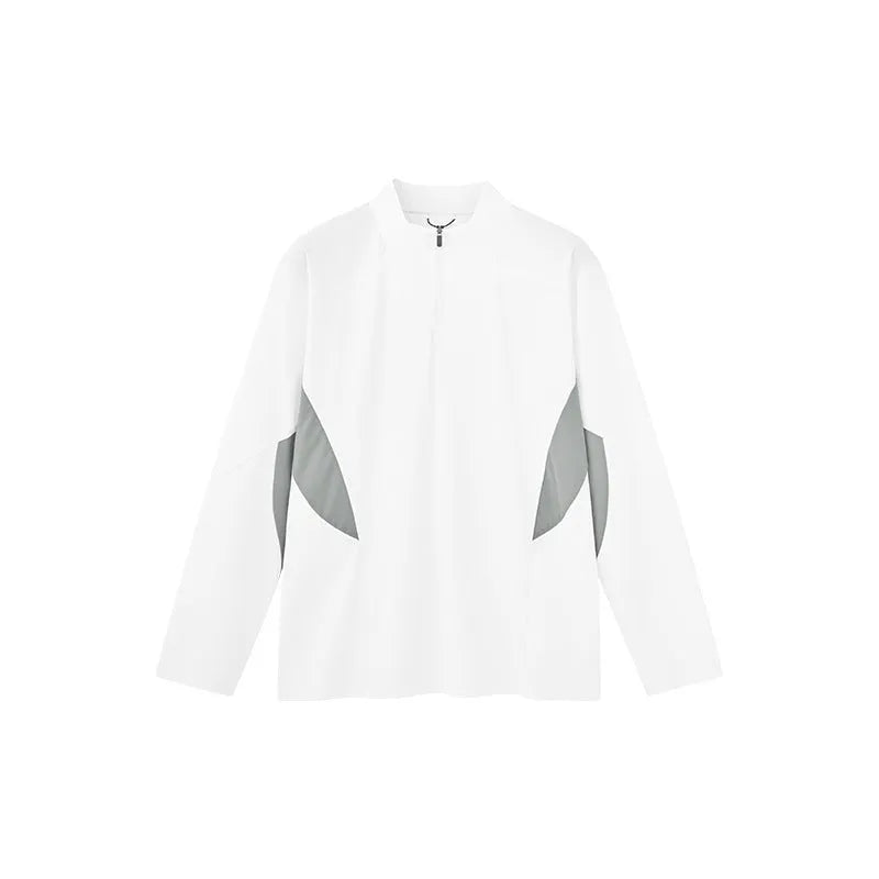Men's solid colour polyester top showing stitching details and available in long or short sleeve black and beige options