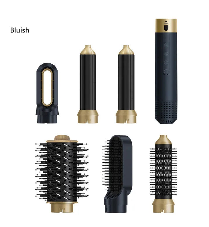 Six-in-one hot air styling comb with multiple attachments in dark blue or white with leather case