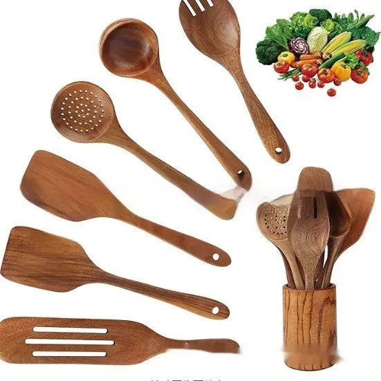 Wooden 7-piece kitchen utensil set with spoons and spatula in natural finish