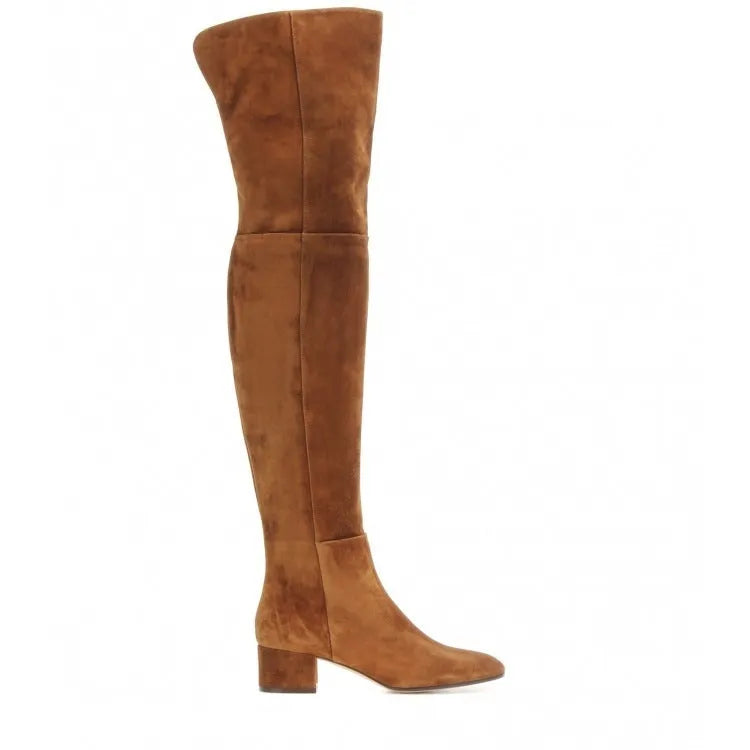 Women's grey suede over the knee flat boots with a pointed toe and low thick rubber sole.