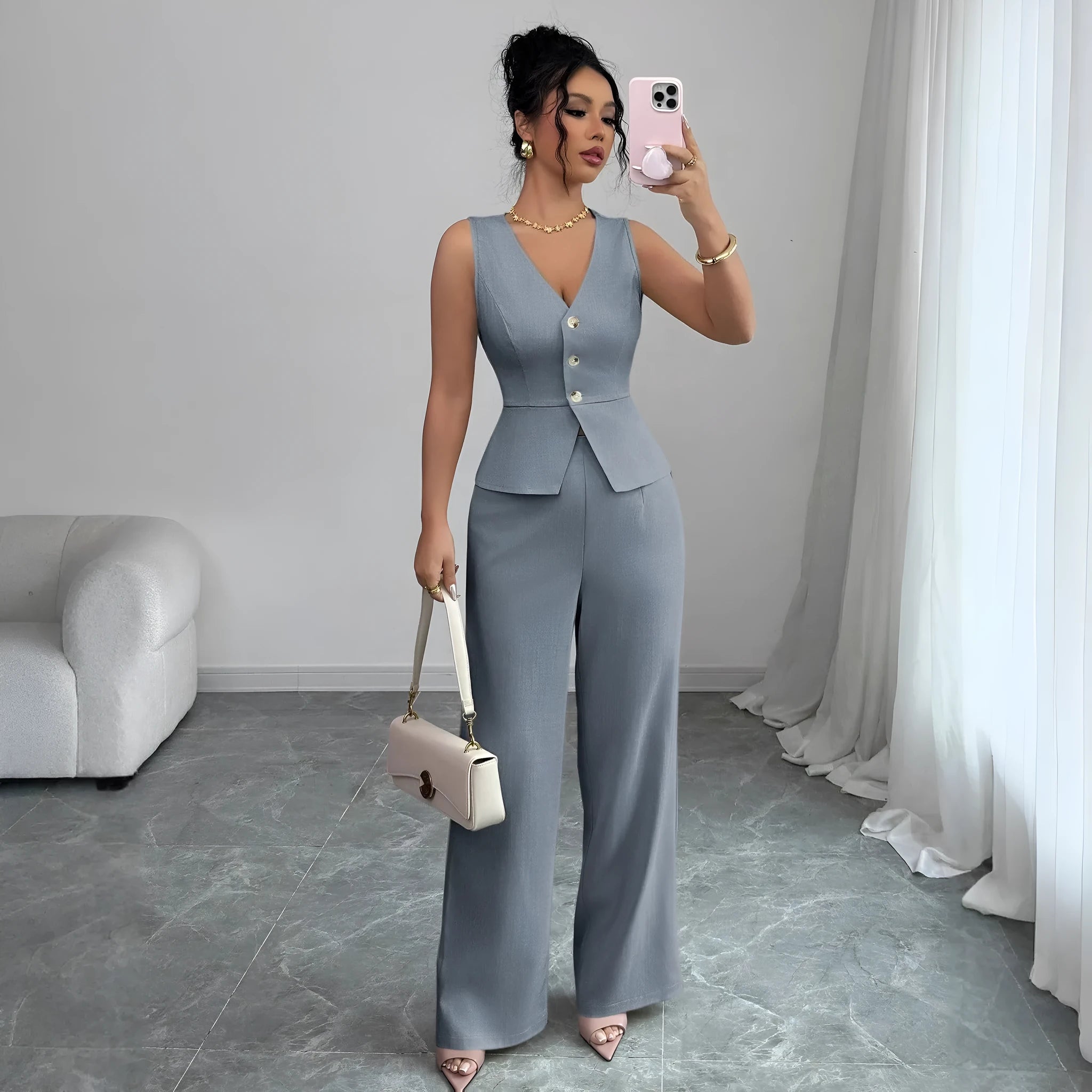 Women's solid colour sleeveless vest and high-waist trousers two-piece set in casual style