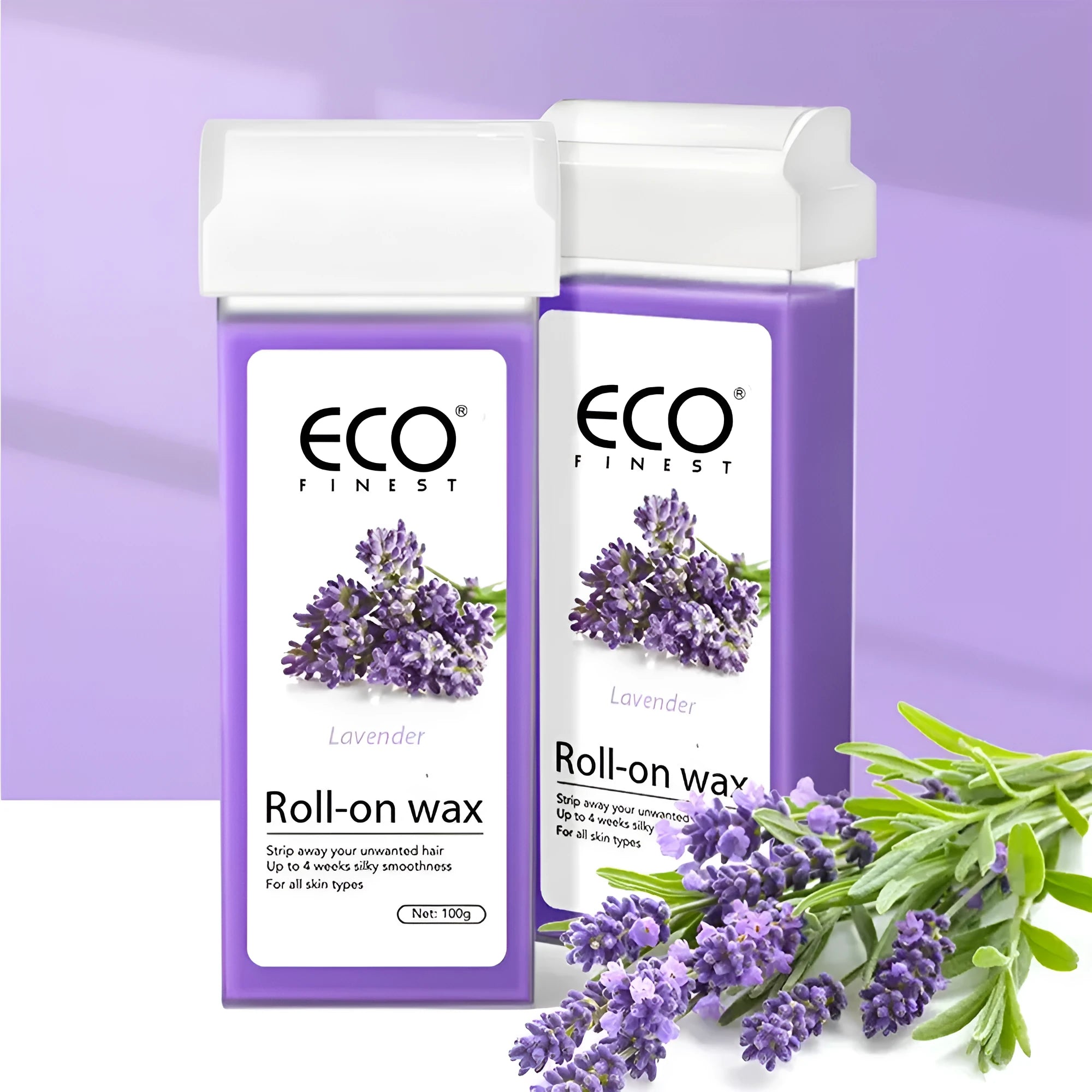 Pot of lavender-scented hair removal wax for body hair removal on legs, arms, underarms, and bikini line