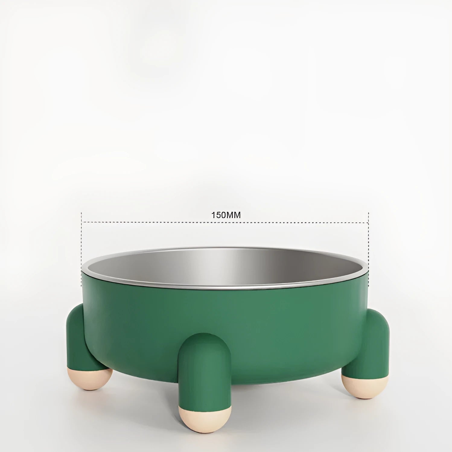 Green stainless steel pet bowl with non-slip base and high foot on a kitchen floor