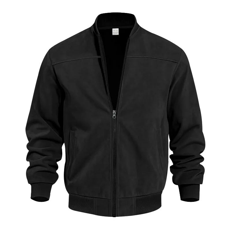 Men's Army Green suede zip-up jacket with a regular fit and standard sleeves on a hanger.