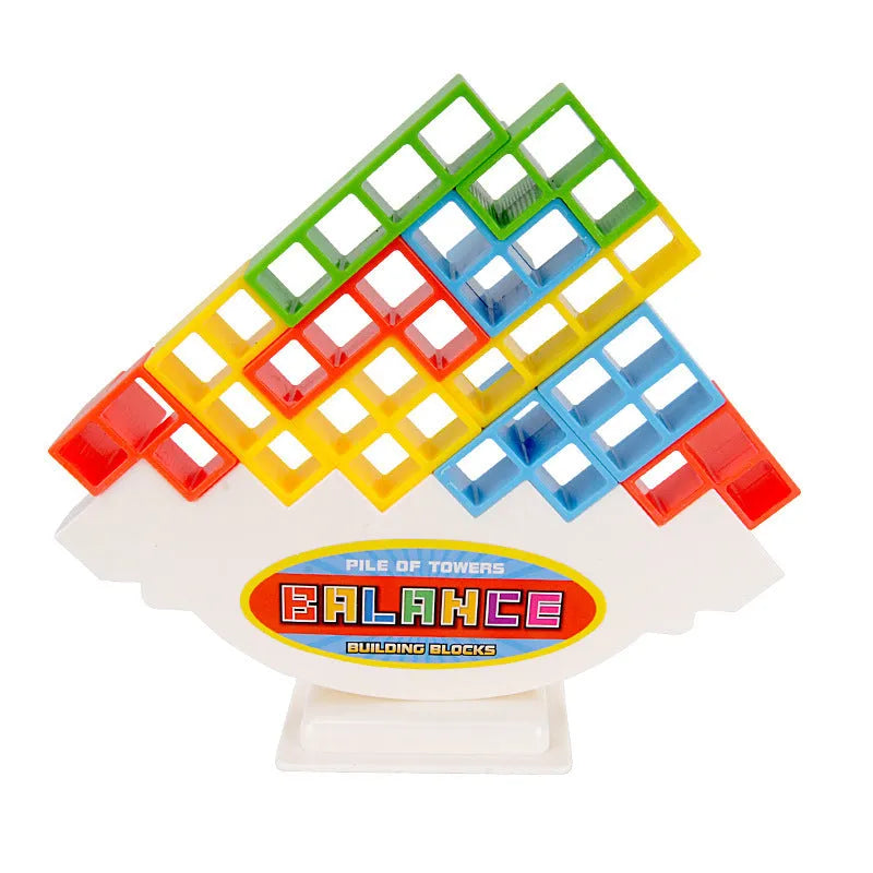 Plastic balance stacking game with 16 colourful building blocks, chassis, and base on a 26.5cm board.
