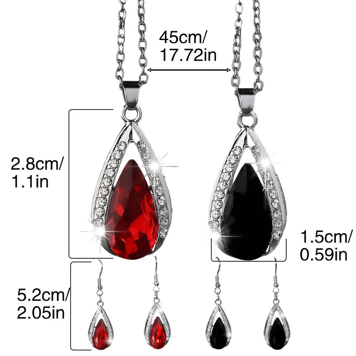 Black and red alloy teardrop glass pendant necklace and matching earrings set