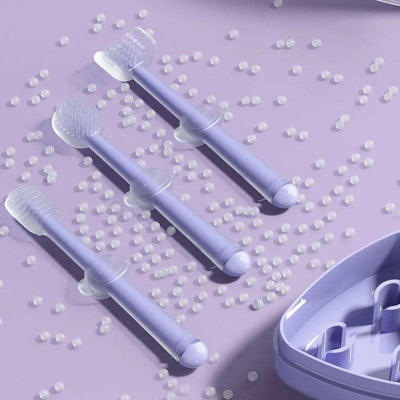 Silicone pet toothbrush set for dogs and cats in blue, green, and purple colours
