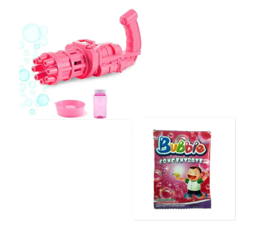 Child's plastic bubble blower gun in pink, gold, or black with removable bubble head for use as a fan.