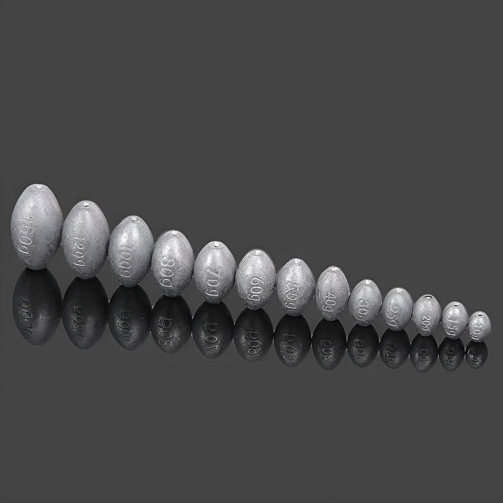 Plastic core olive fishing sinker with rugby shape and scale markings for sea fishing