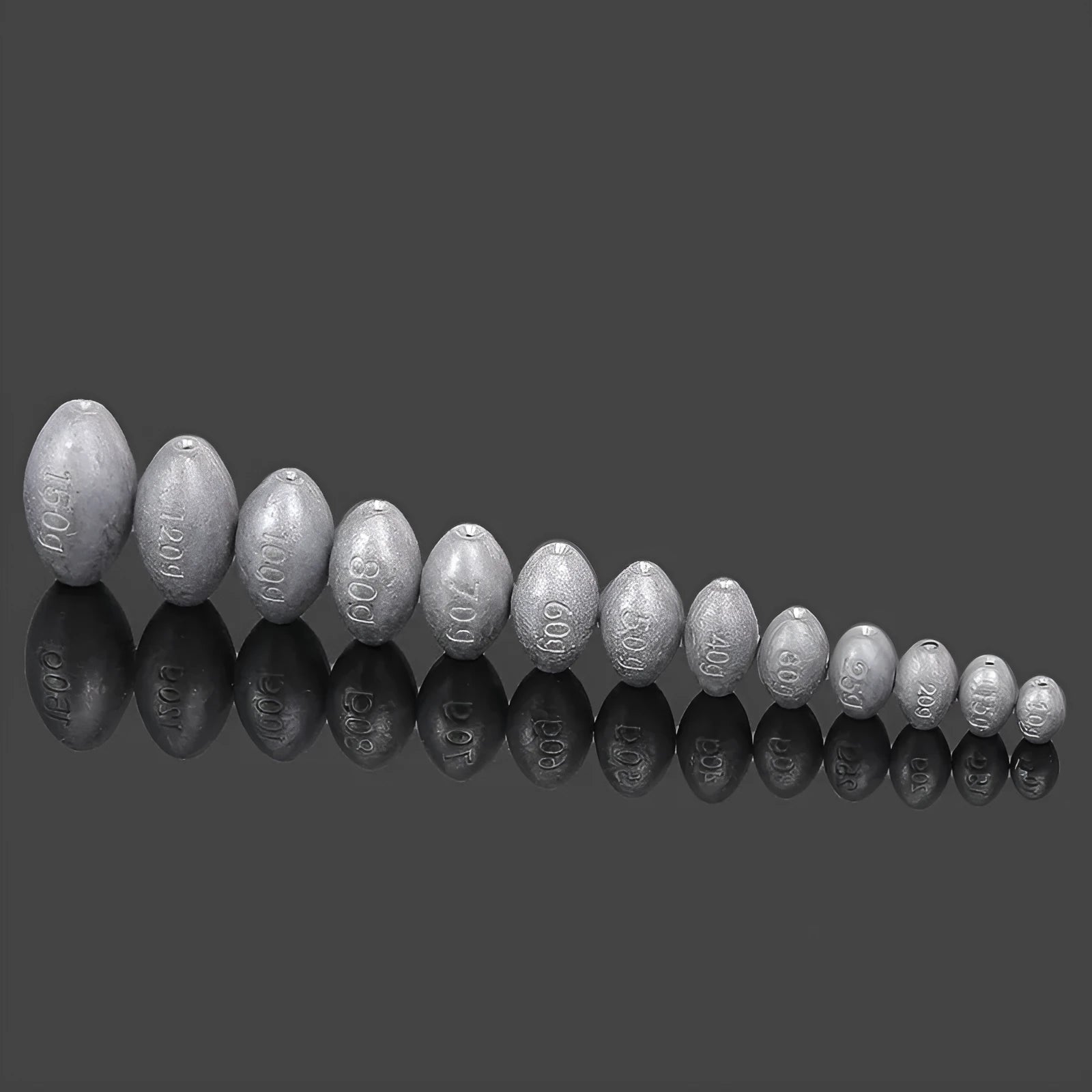 Plastic core olive fishing sinker with rugby shape and scale markings for sea fishing