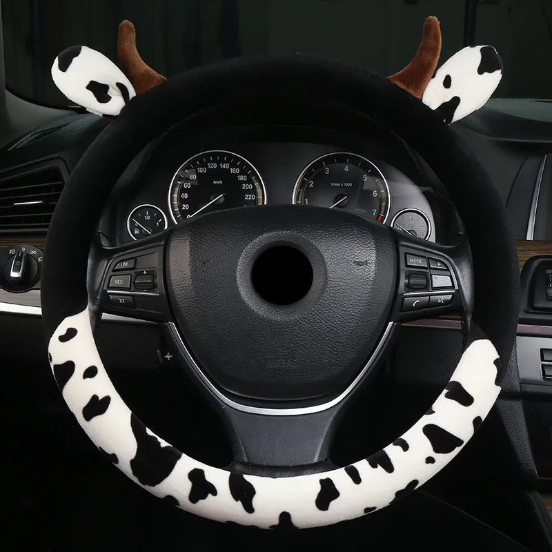 Short plush steering wheel cover with protective handle in black colour