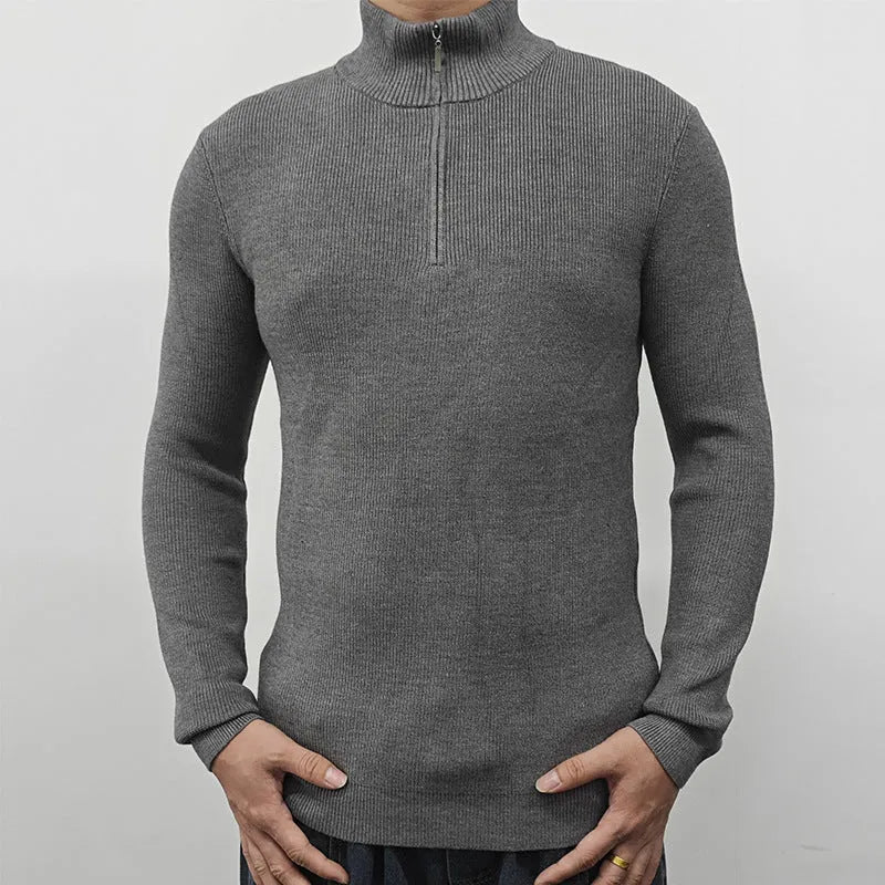 Men's half-turtleneck zip-front sweater in a cotton blend fabric, shown in multiple colours.
